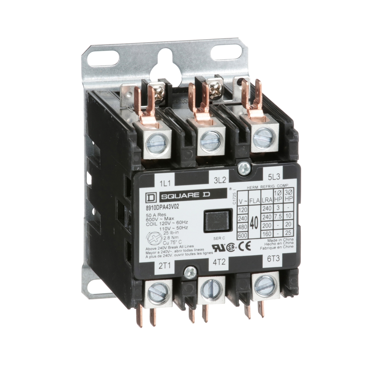 Contactor, Definite Purpose, 40A, 3 pole, 25HP at 575VAC, 3 phase, 110/120VAC 50/60Hz coil, open