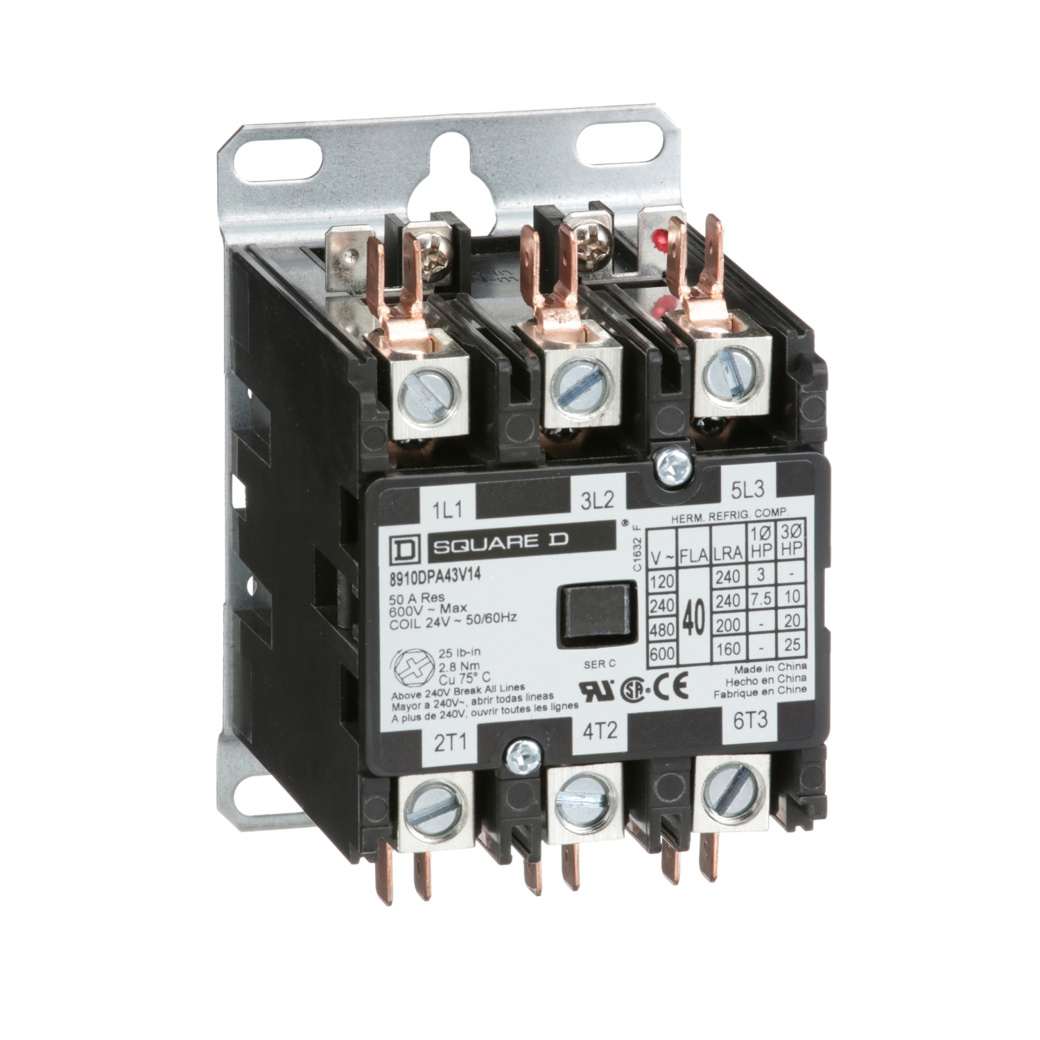 Contactor, Definite Purpose, 40A, 3 pole, 25HP at 575VAC, 3 phase, 24/24VAC 50/60Hz coil, open