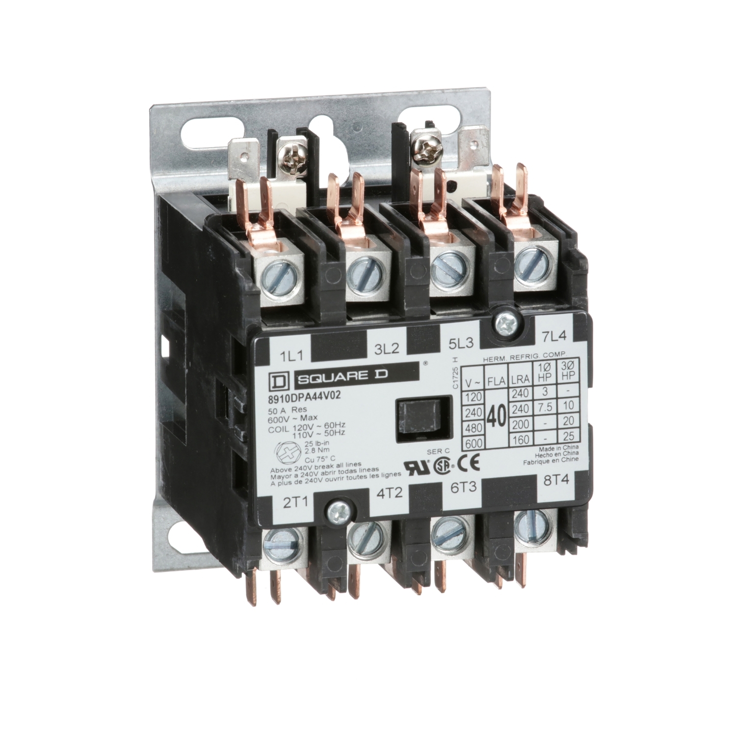 Contactor, Definite Purpose, 40A, 4 pole, 25HP at 575VAC, 3 phase, 110/120VAC 50/60Hz coil, open