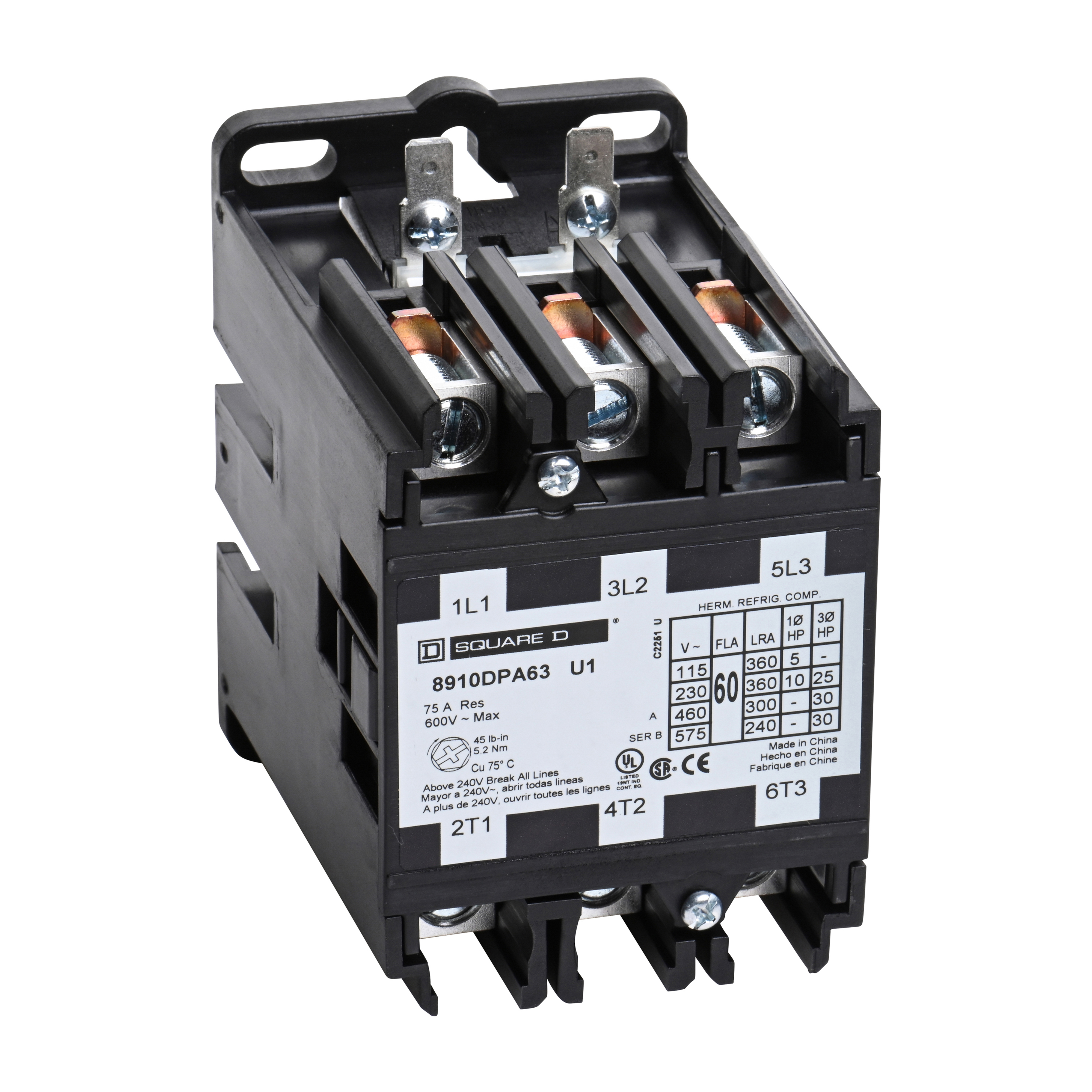 Contactor, Definite Purpose, 60A, 3 pole, 30 HP at 575 VAC, 3 phase, 110/120 VAC 50/60 Hz coil, open, UL Listed