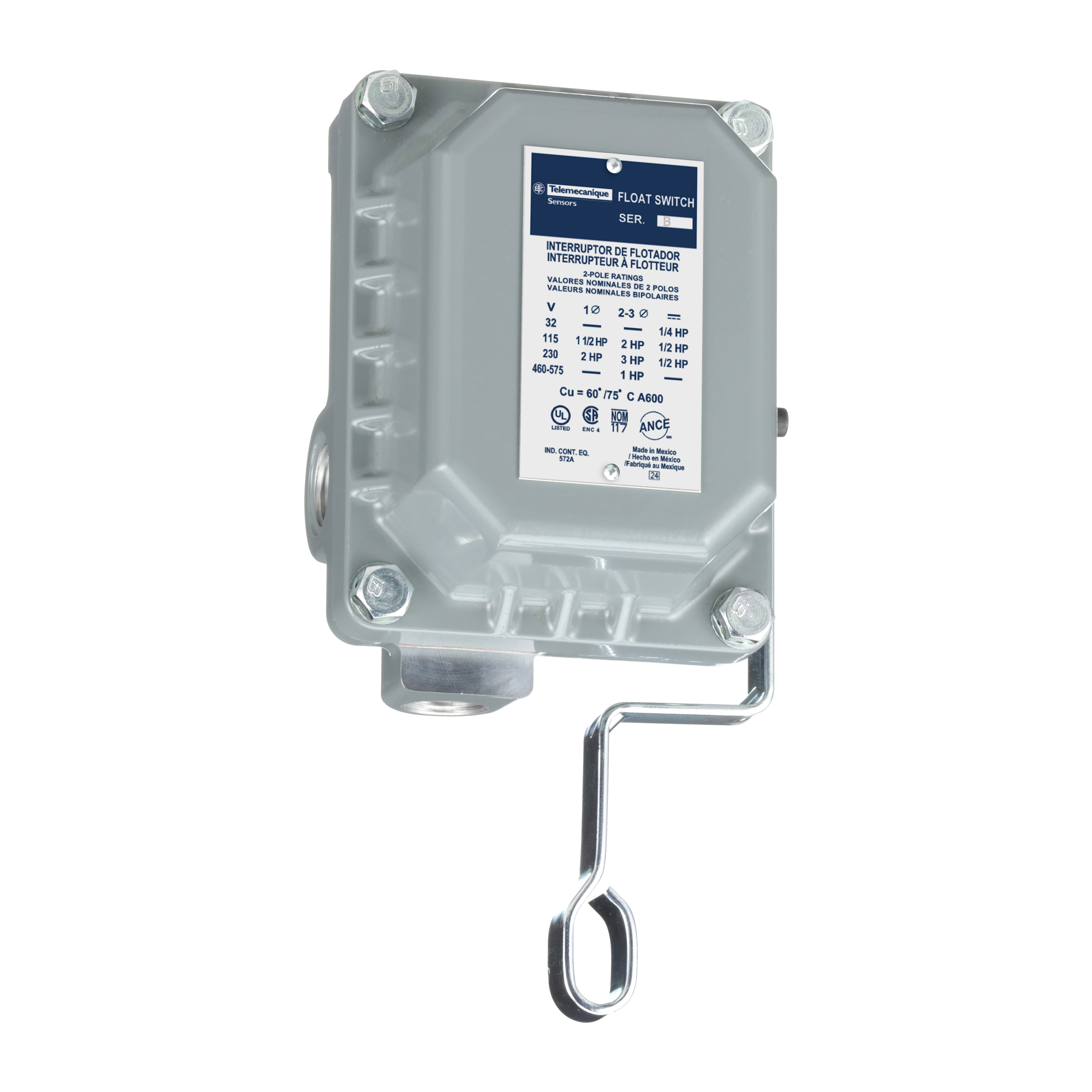 float switch, open tank, NEMA 4, pedestal mounted, 2 NC, DPST DB contacts, 1 HP