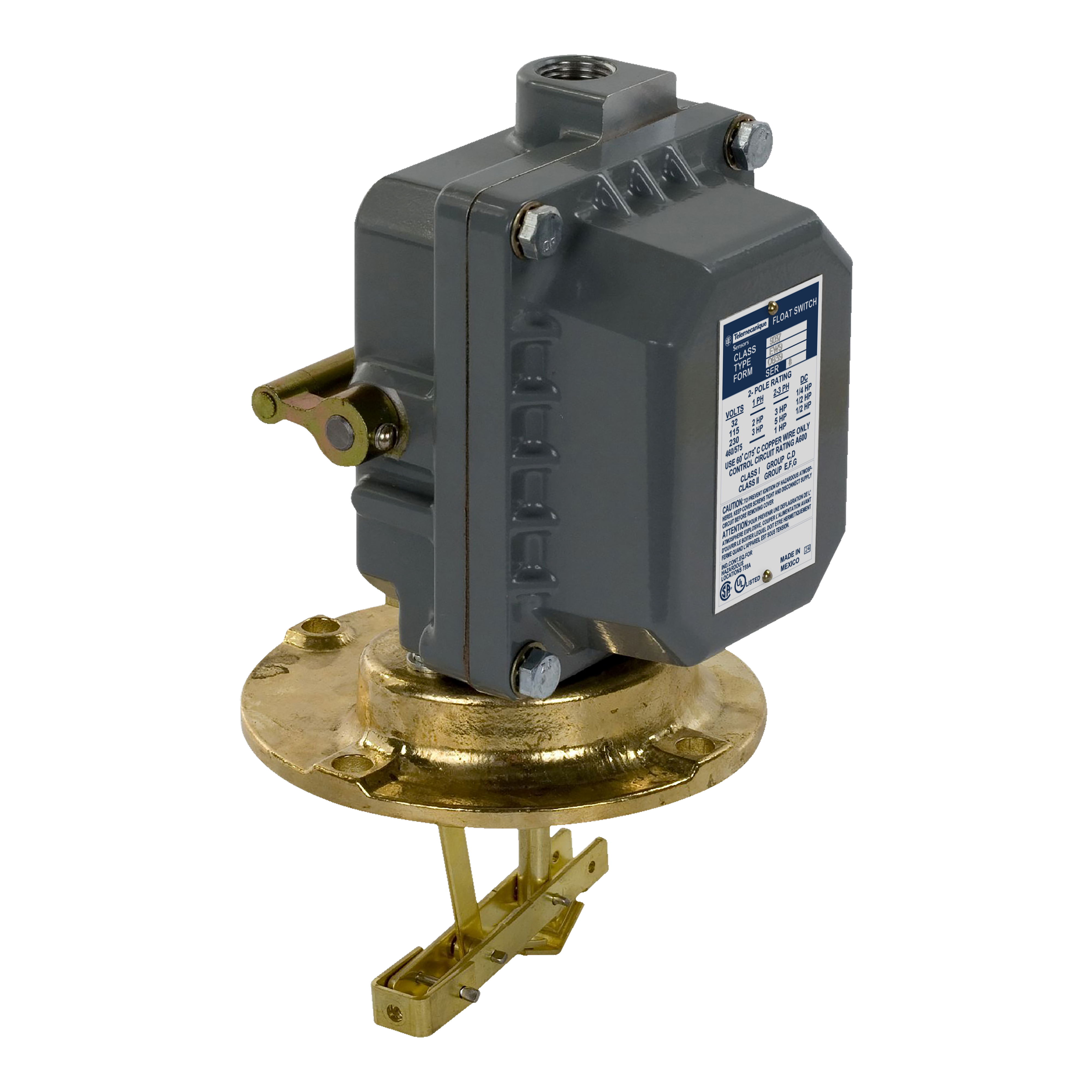 Float switch, Square D Pumptrol, closed tank, NEMA 7/9, flange mounted, 2 NC DPST DB contacts