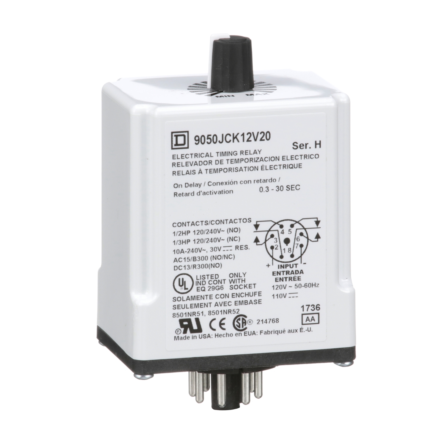 Timing Relay, Type JCK, plug In, on delay, adjustable time, 0.3 to 30 seconds, 10A, 240 VAC, 120 VAC/110 VDC
