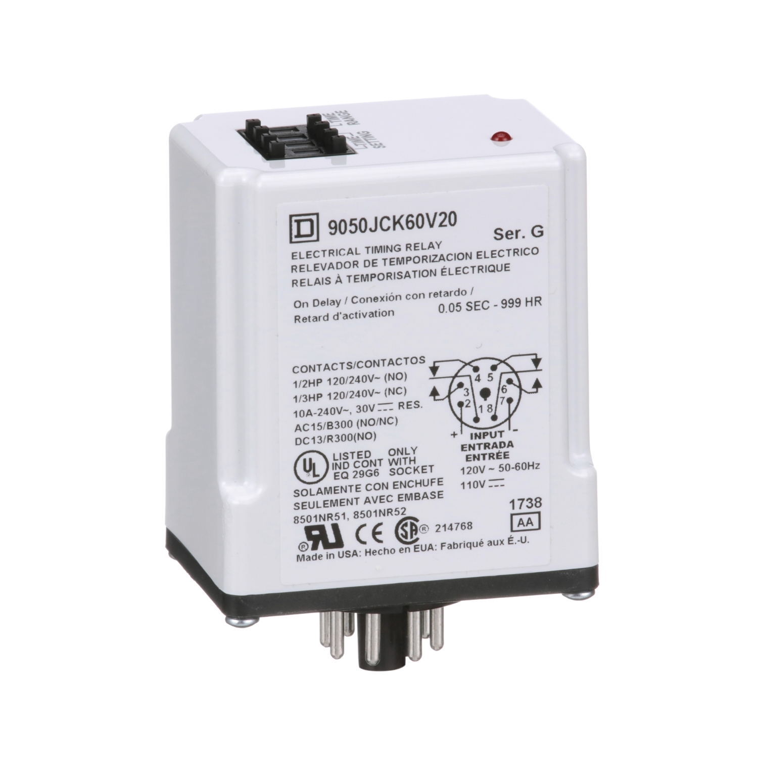 Timing Relay, Type JCK, plug In, on delay, programmable, 0.5 second to 999 hours, 10A, 240 VAC, 120 VAC/110 VDC
