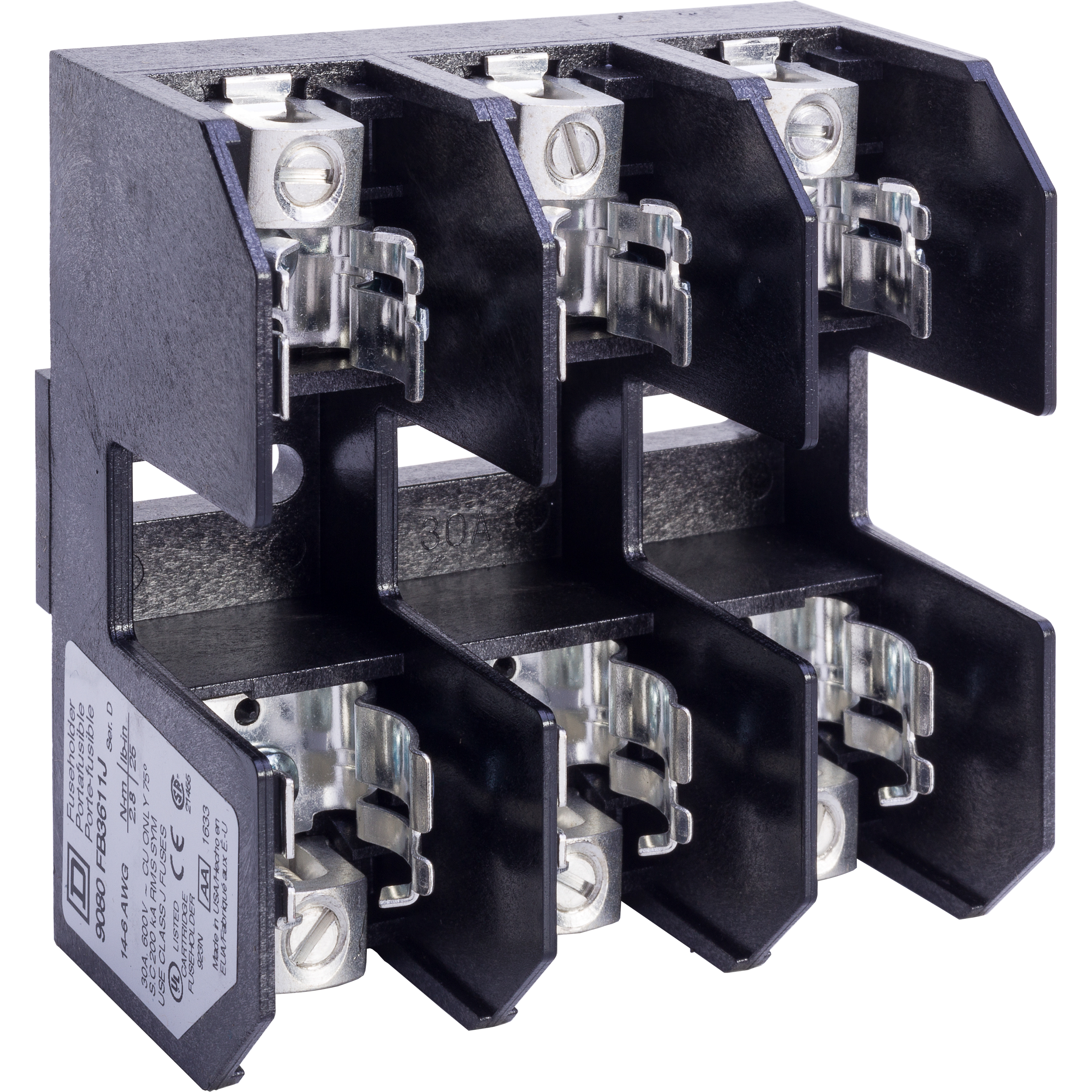 Fuse holder, Square D 9080FB, max 30A rated, 600VAC/DC, Class J type fuses, 3 pole, surface mount