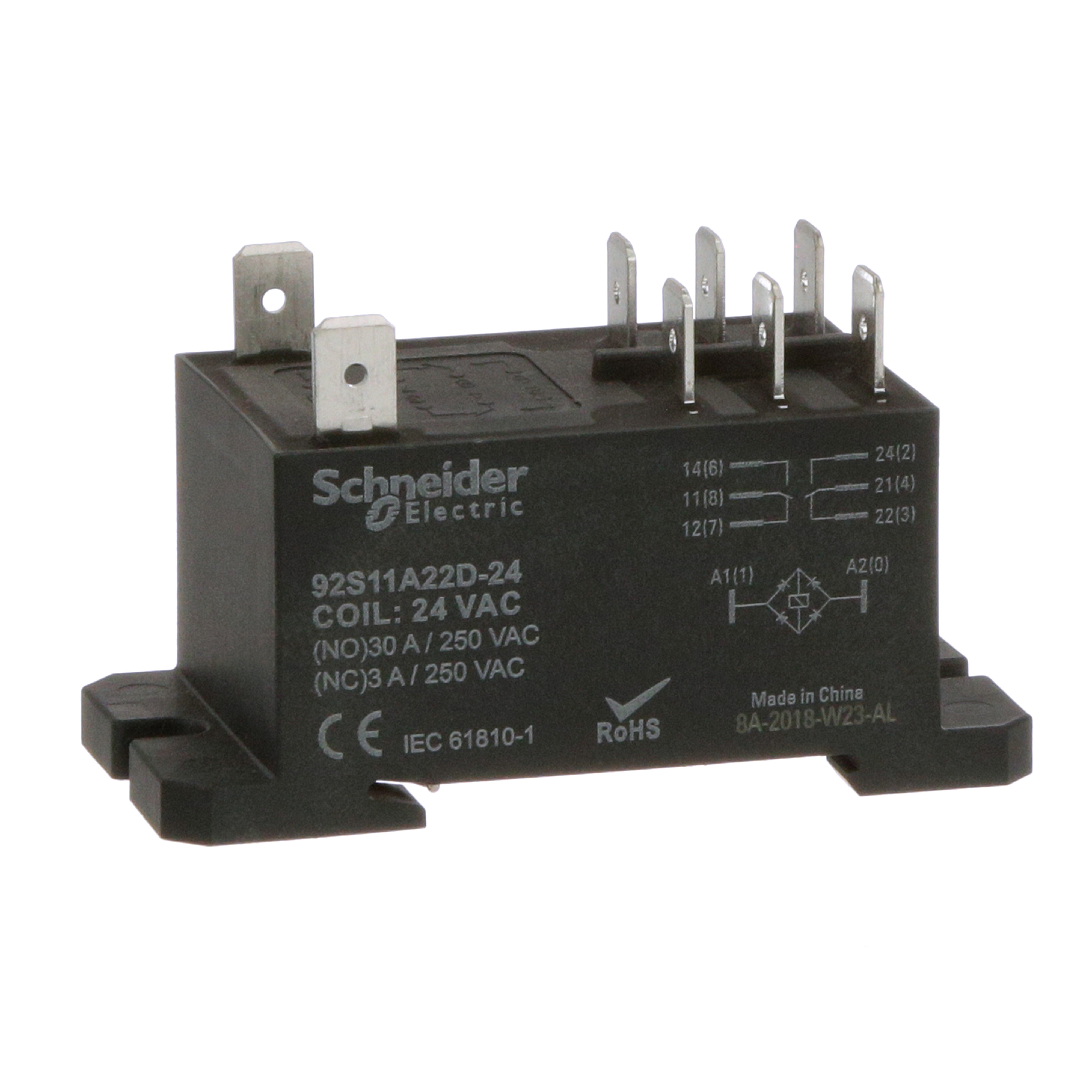 Power Relay, DPDT, class F coil insulation, DIN rail and panel mount cover, 30A, 24V AC, 2 C/O
