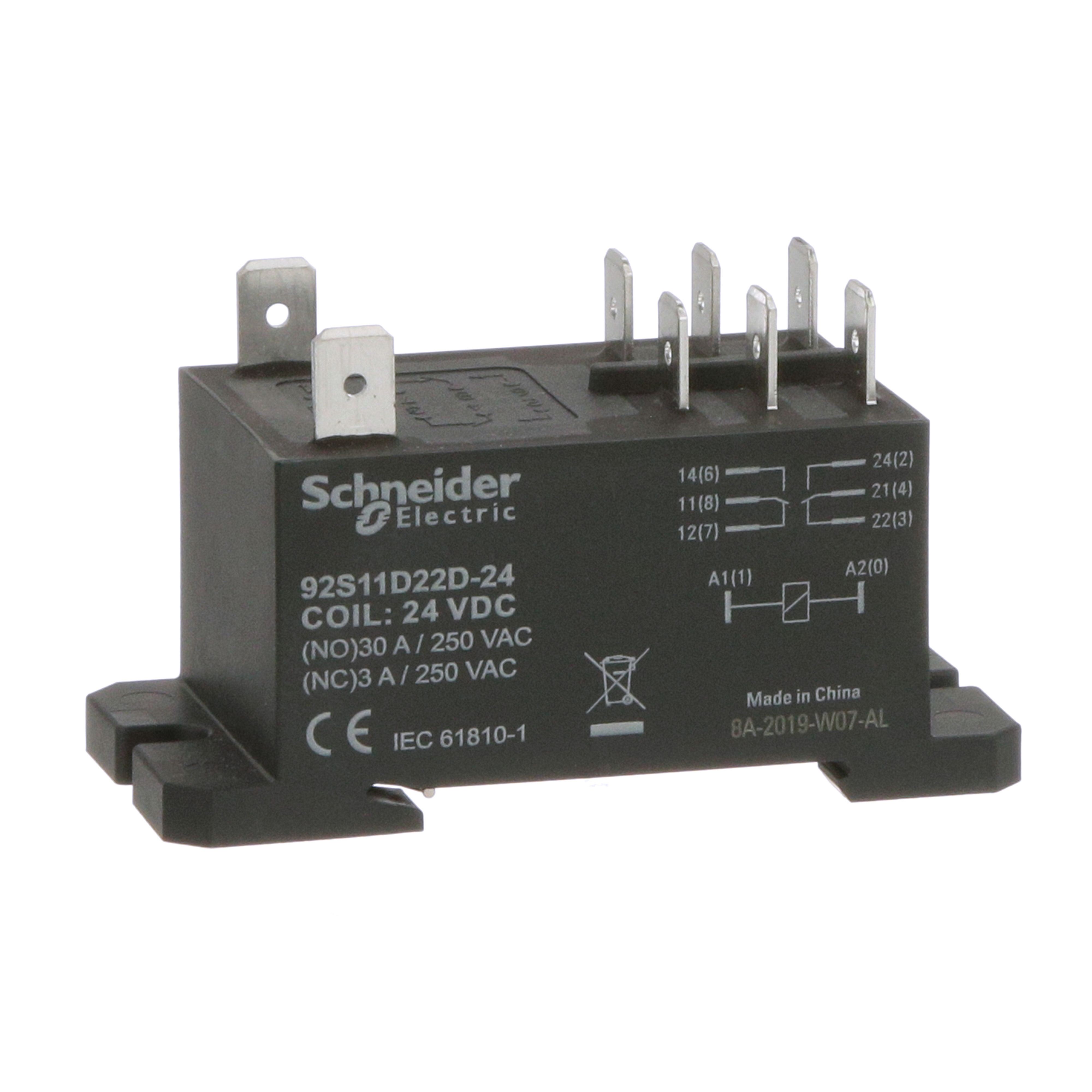 Power Relay, DPDT, class F coil insulation, DIN rail and panel mount cover, 30A, 24V DC, 2 C/O