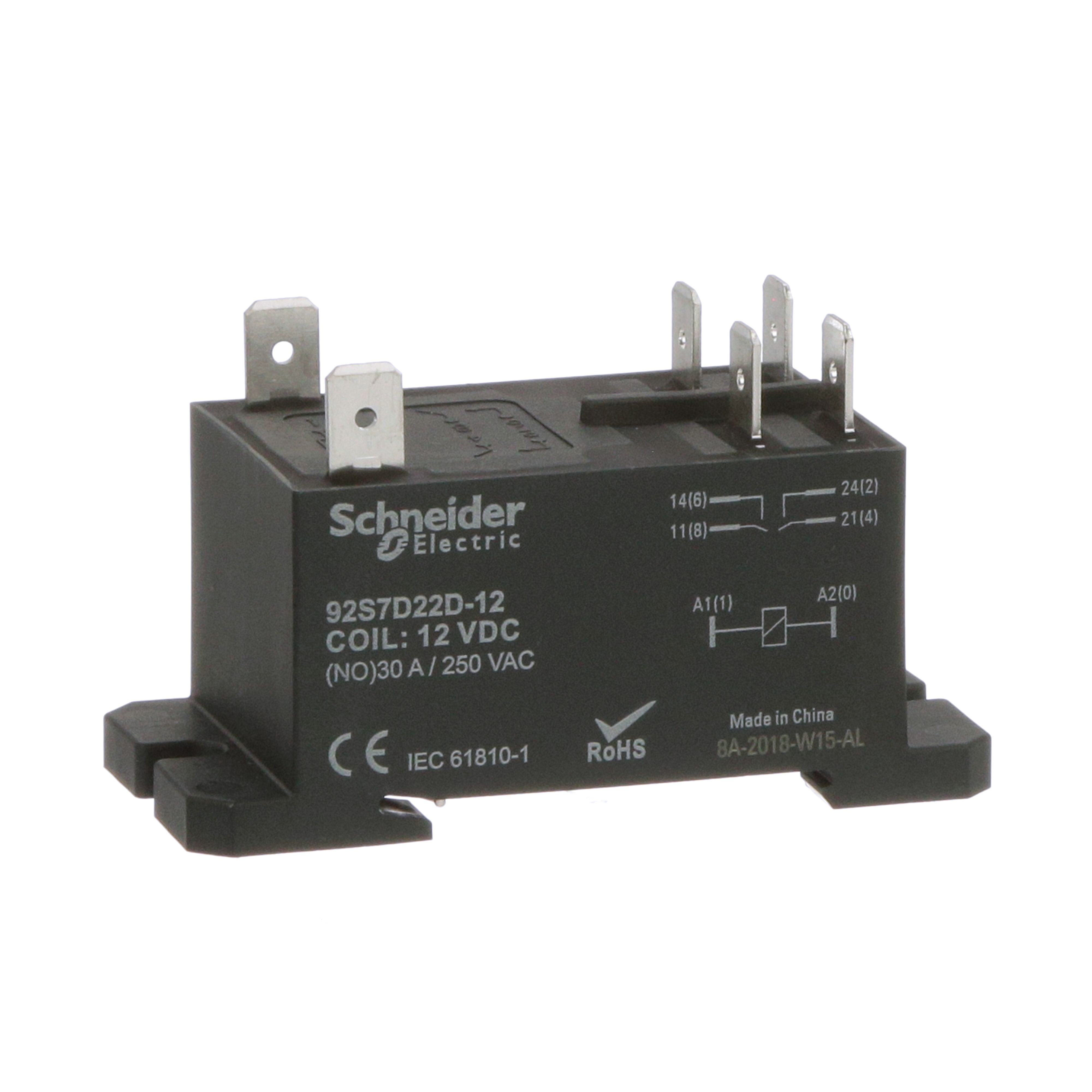 Power Relay, DPST-NO, class F coil insulation, DIN rail and panel mount cover, 30A, 12V DC, 2NO