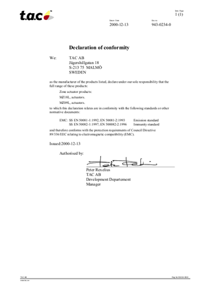 MZ18L, MZ09L Zone Actuators Declaration of Conformity