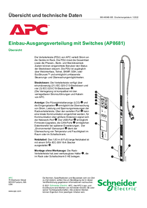 Einbau-Ausgangsverteilung mit Switches (AP8681) Übersicht und technische Daten