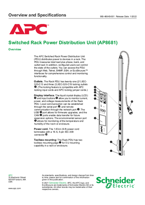 Overview and Specifications, Metered-by-Outlet with Switching Rack PDU (AP8681)