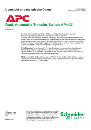 Rack Automatic Transfer Switch AP4421 Übersicht und technische Daten
