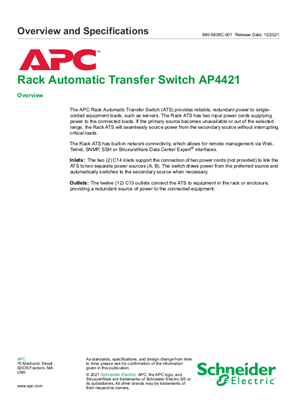 Overview and Specifications Rack ATS AP4421
