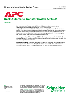 Übersicht und technische Daten Rack Automatic Transfer Switch AP4422
