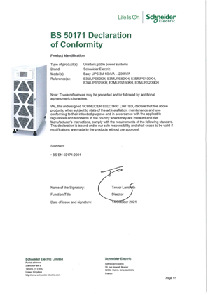 BS EN 50171 Declaration of Conformity for Easy UPS 3M 60-200