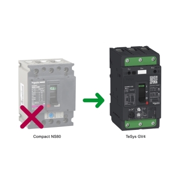 Compact NS80H MA Schneider Electric Compact NS80H MA molded case circuit breakers are pending obsolescence in 2018. It is replaced by TeSys GV4.
