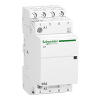  A9C20834 A9C20834 Kontaktor iCT - 4P - 2 NO - 25 A - 220..240 V AC Acti9 iCT je modularni kontaktor. Radi se o 4P uređaju za daljinsko upravljanje sa 4 normalno otvorena kontakta. Nazivna struja je 25A za AC-7a i 8.5A za AC-7b. Ue nazivni radni napon je 400VAC. Upravljački napon je 220VAC do 240VAC. Uređaj se može koristiti za upravljačka kola. Uređaj se može koristiti za daljinsko uključenje/isključenje malih motora (ventilatora, mešača) ili za primenu u HVAC sistemima. Proizvod je usklađen sa IEC/EN 61095 standardom. Električna izdržljivost ide do 100000 ciklusa za AC-7A ili AC-1, 30000 ciklusa za AC-7C, AC-7B, AC-3, AC-5A ili AC-5B. Maksimalni broj operacija je 100 dnevno. Ui nazivni napon izolacije je 500VAC. Uimp nazivni podnosivi impulsni napon je 4kV. Stepen zaprljanosti je 2. Ugrađuje se na DIN šinu. Å irina proizvoda je 4 modula od 9mm. Boja proizvoda je bela (RAL 9003). Dimenzije su (Å ) 81mm x (V) 36mm x (D) 60mm. U skladu sa IEC 60529 standardom, stepen zaštite je IP20 i IP40 u ormanu. Radna temperatura je od -5Â°C do 60 Â 