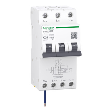 Acti9 IC60H3, Residual Current Breaker With Overcurrent Protection (RCBO), 3P+Ns, C Curve, 20A, 10mA, A Type, 10000A