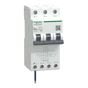 Acti9 IC60 RCBO, Residual Current Breaker With Overcurrent Protection (RCBO), 3P+Ns, C Curve, 10A, 30mA,mmtype, 6000A
