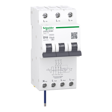 Acti9 IC60H3, Residual Current Breaker With Overcurrent Protection (RCBO), 3P+Ns, D Curve, 10A, 30mA, A Type, 10000A