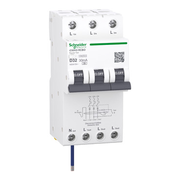 Acti9 IC60H3, Residual Current Breaker With Overcurrent Protection (RCBO), 3P+Ns, D Curve, 32A, 30mA, A Type, 10000A