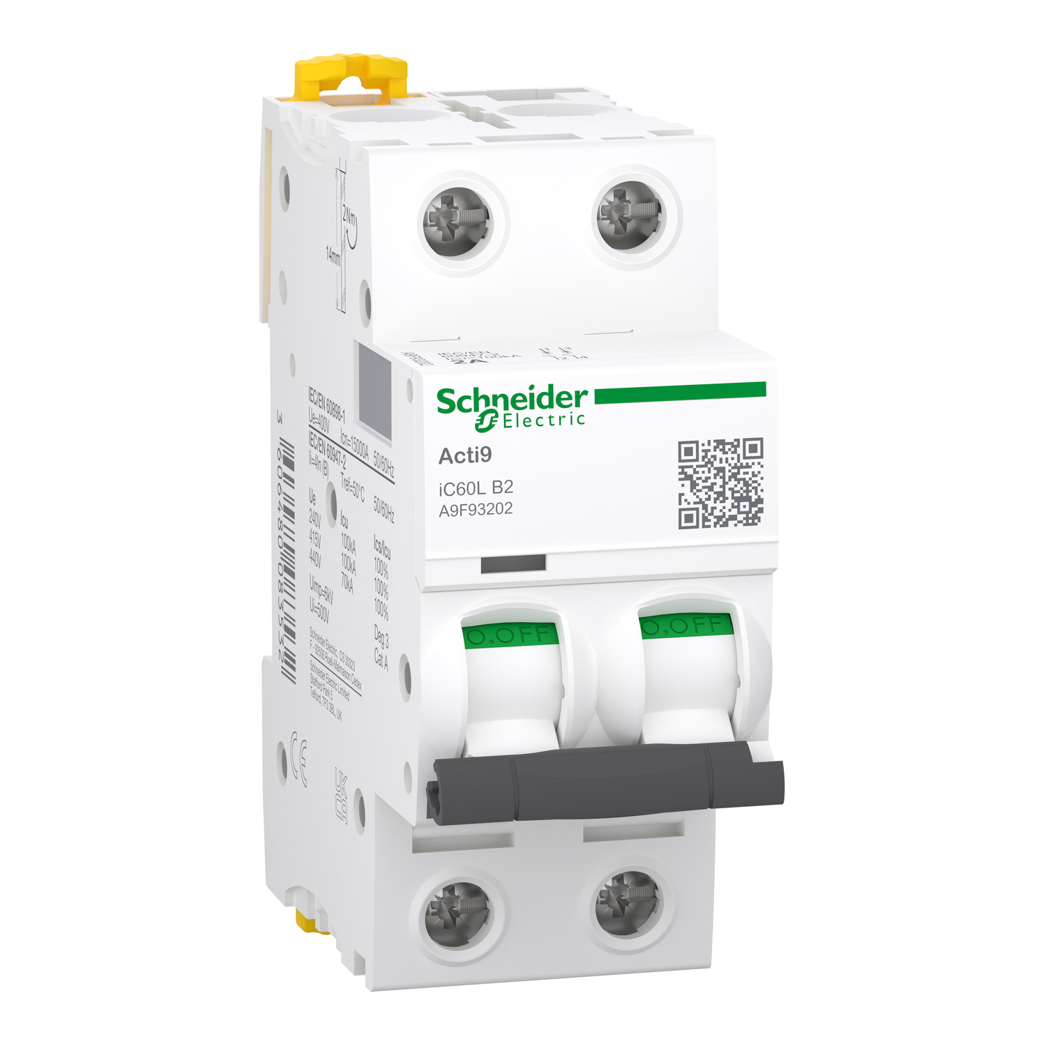 Kismegszakító 2P 2A B-jelleg 400V AC/DC 15kA/60898 100kA/60947 Acti9 iC60L Schneider
