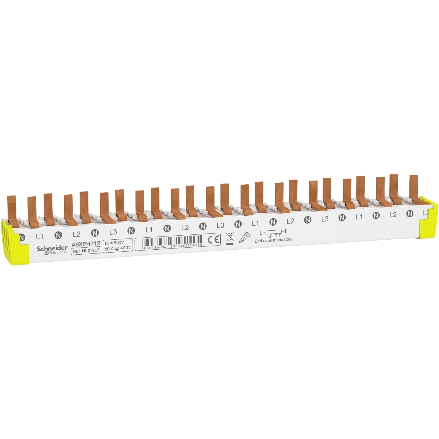 comb busbar bottom, Acti9, 3P+N balanced, 9 mm pitch, 12 modules, 80 A