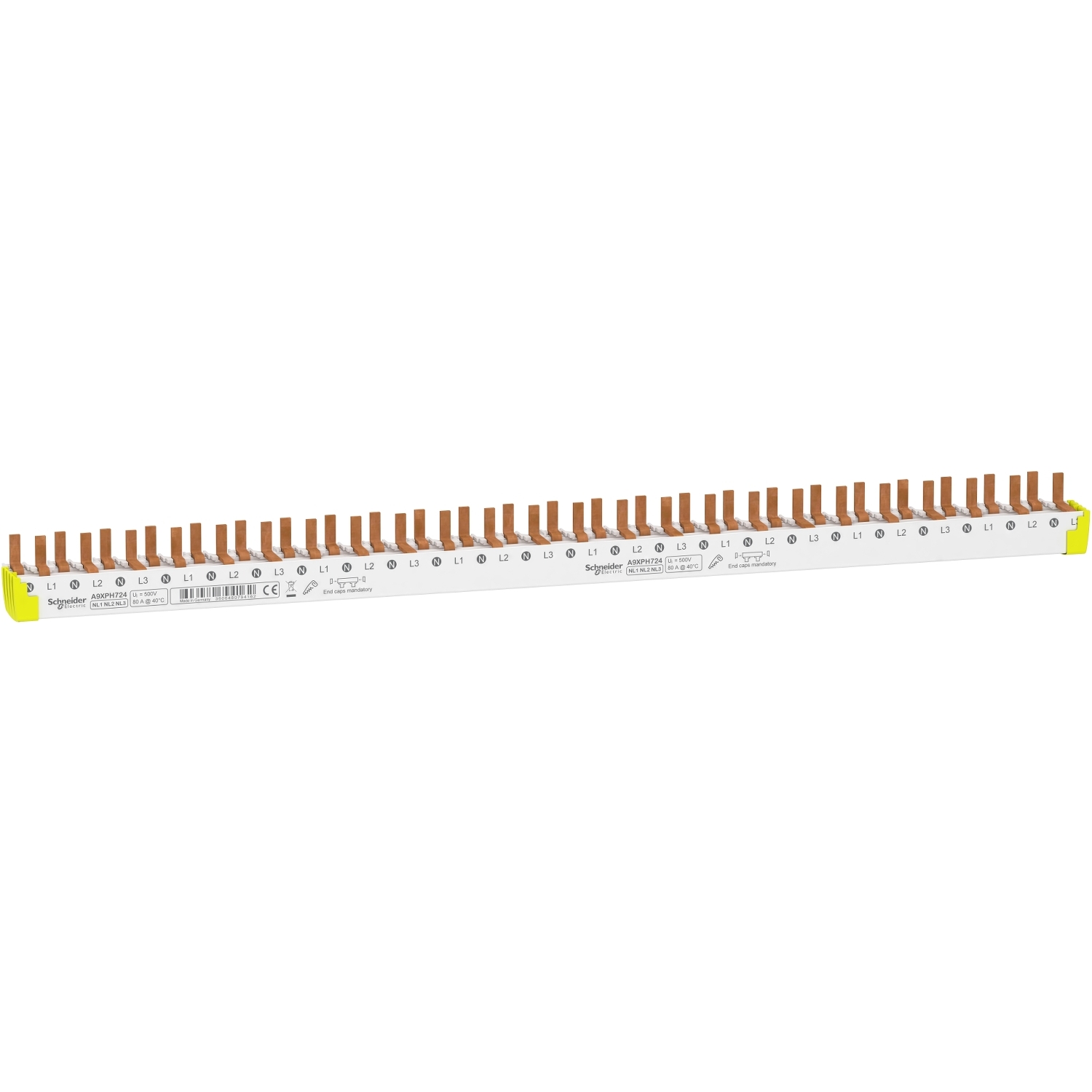comb busbar bottom, Acti9, 3P+N balanced, 9 mm pitch, 24 modules, 80 A