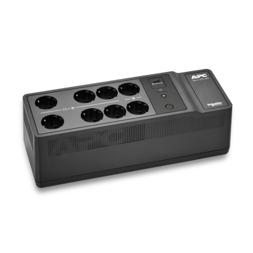 APC Back-UPS, 500VA/300W Floor/Wall Mount, 230V, 8x CEE 7/3 Schuko outlets, USB Type A Port, User Replaceable Battery Front Left