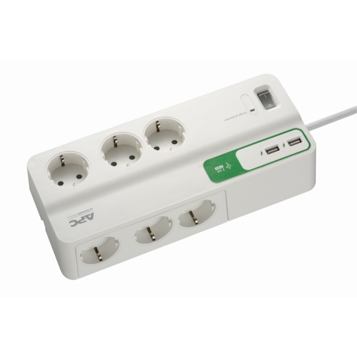 APC Performance SurgeArrest 6 outlets with 5V, 2.4A 2 port USB charger, 230V Germany Front Left