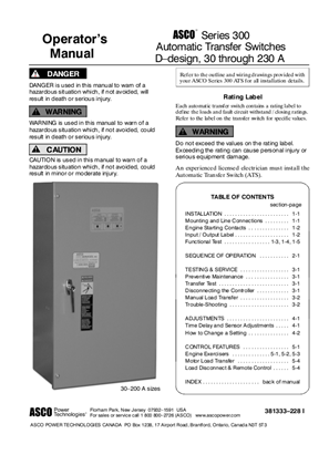 Operator's Manual | ASCO SERIES 300 Automatic Transfer Switch (ATS) | 100-400 Amps | D Frame | 381333-228