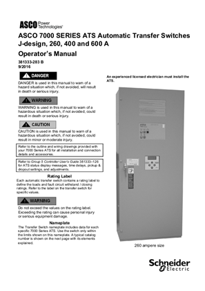 Operators Manual | ASCO 7000 SERIES Automatic Transfer Switch (ATS) | 260-600 Amps | J Frame | 381333-283