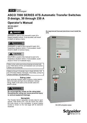 Operators Manual | ASCO 7000 SERIES Automatic Transfer Switch (ATS) | 30-230 Amps | D Frame | 381333-229