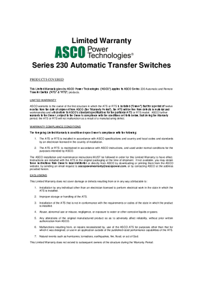 Warranty | ASCO SERIES 230 Transfer Switch