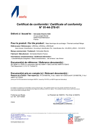 ASEFA_Certificate TeSys D - LRD33-43