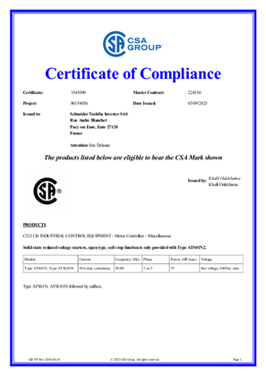 ATS01 CSA Certificate of Compliance