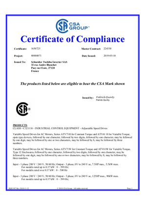 ATV61-71 H-W CSA CERTIFICATE