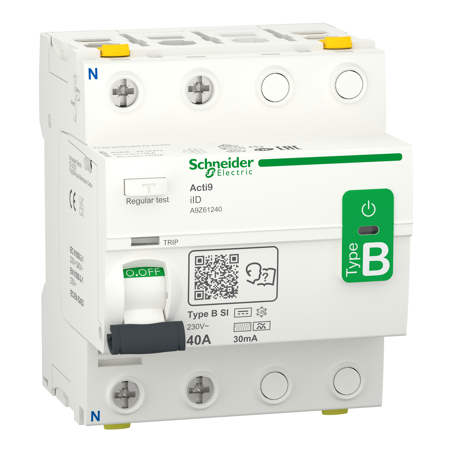 Residual current circuit breaker (RCCB), Acti9 iID, 2P, 40A, B-SI type, 30mA, double terminal