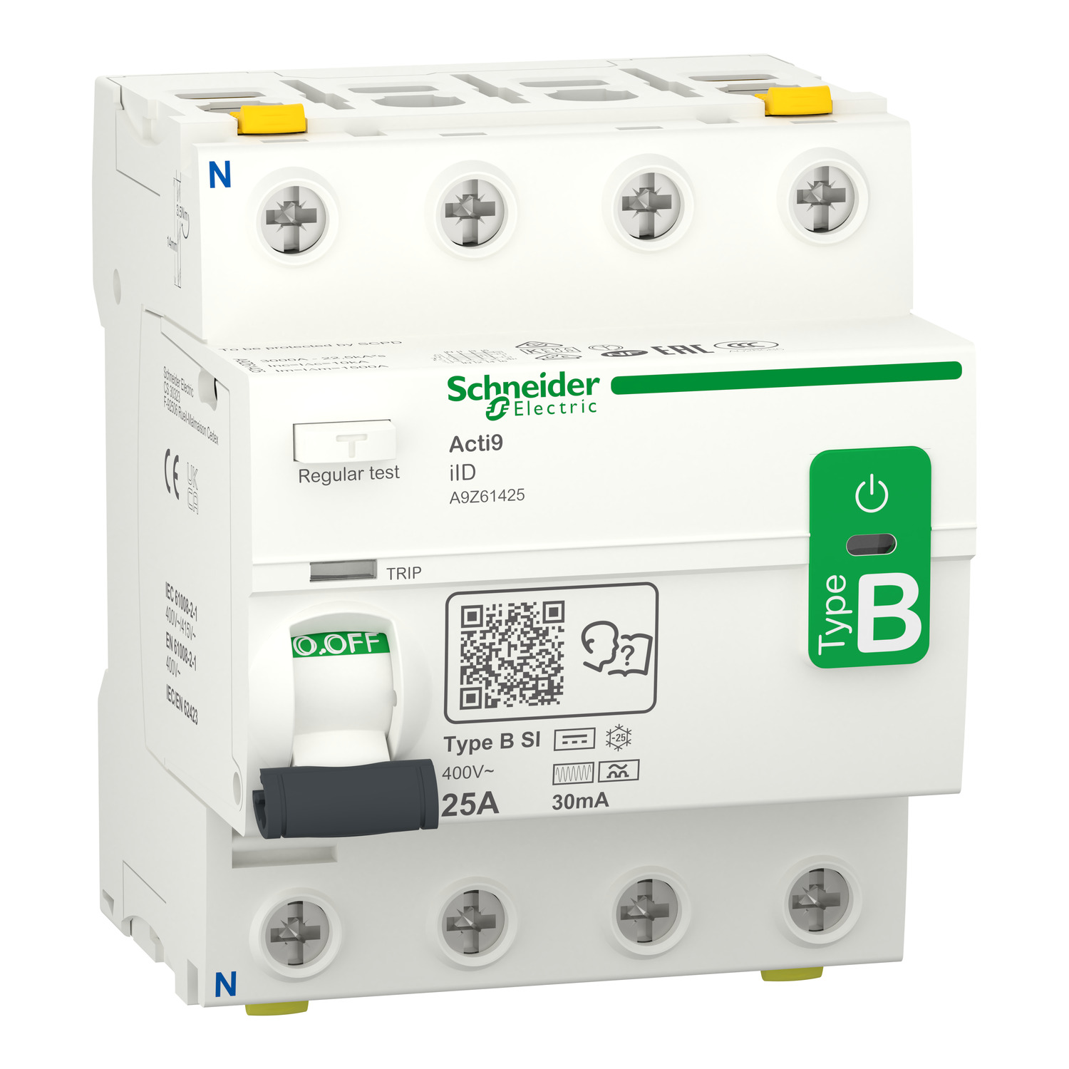 Residual current circuit breaker (RCCB), Acti9 iID, 4P, 25A, B-SI type, 30mA, double terminal