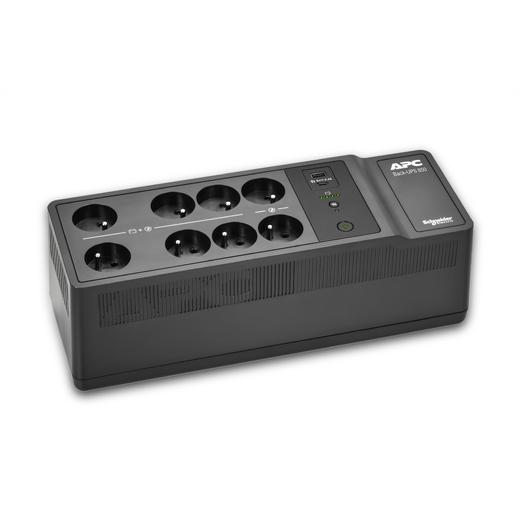 APC Back-UPS, 850VA/520W Floor/Wall Mount, 230V, 8x French/Belgian outlets, USB Type A+C Ports, User Replaceable Battery Front Left