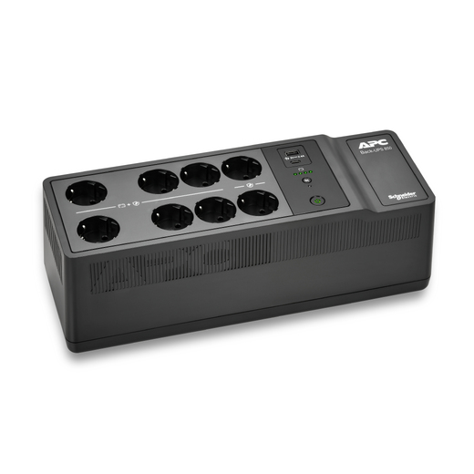 APC Back-UPS, 850VA/520W Floor/Wall Mount, 230V, 8x CEE 7/3 Schuko outlets, USB Type A+C Ports, User Replaceable Battery Front Left