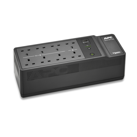 APC Back-UPS, 850VA/520W Floor/Wall Mount, 230V, 8x British BS1363A outlets, USB Type A+C Ports, User Replaceable Battery Front Left