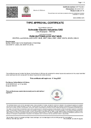 BV-Marine certificate-XB4B XB5A Control and signaling units, XD4PA XD5PA Joystick Controllers
