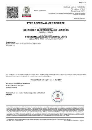 Modicon M580 M340 X80, Certificate, IACS, BV, Marine