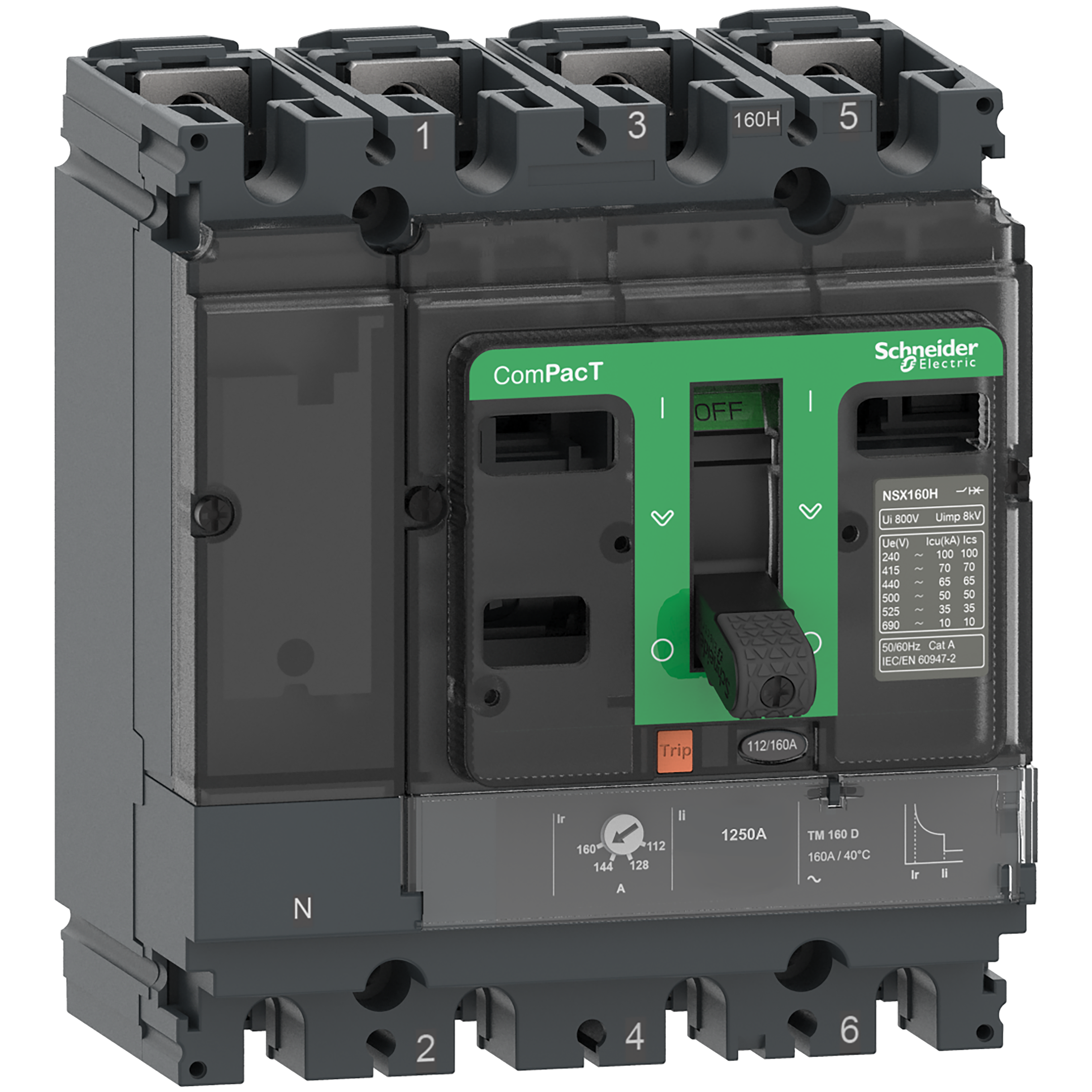 Circuit breaker, ComPacT NSX100H, 70kA/415VAC, 4 poles 3D (neutral not protected), TMD trip unit 100A