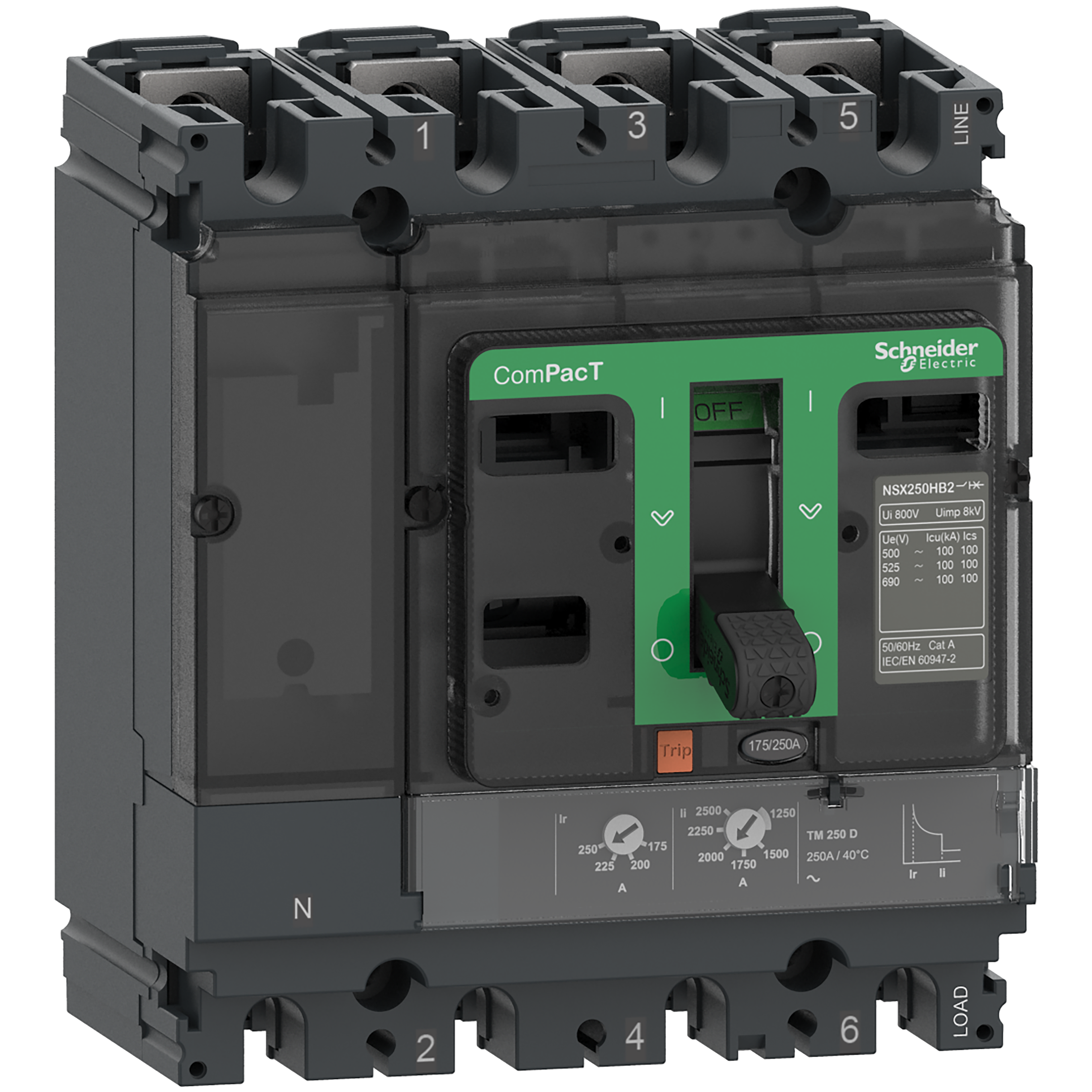 Circuit breaker, ComPacT NSX100B, 25kA/415VAC, 4 poles 3D (neutral not protected), TMD trip unit 100A