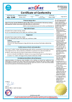 Clipsal, 755LPSMA4 smoke alarm, Certificate of Approval (Conformity) CSIRO Activfire