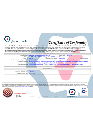 Schneider, MAX9 and Resi9 RCBO, Certificate, RCM, Global Mark Pty LTD