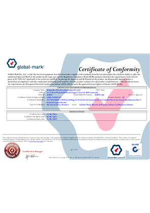 Schneider Electric, 40M and 381M switch mechanism, Certificate, RCM, Global Mark Pty LTD