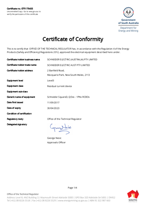 Certificate of Approval - Residual Current Device Schneider SquareD, QOvs - 1PNs RCBOs